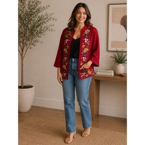 Handprint 100% Silk Embroidered Floral Jacket Womens Small Red India -3667